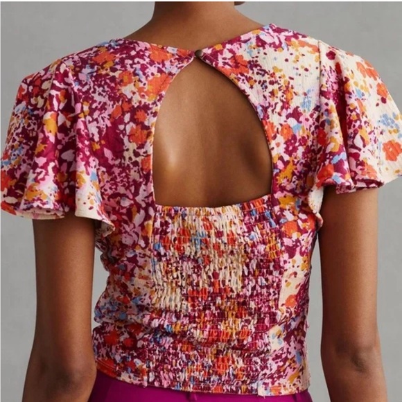 Anthro Floral Button Front Smocked Tie Back Top XXS - Picture 3 of 9